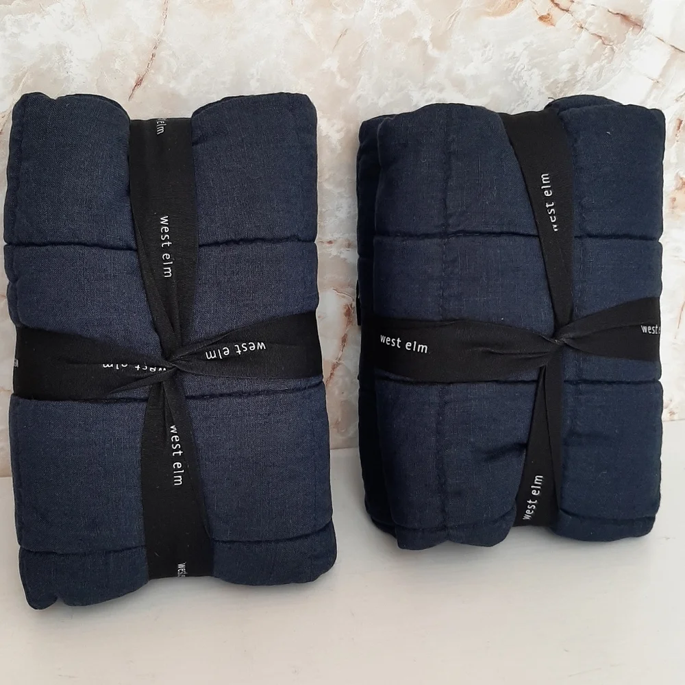 West Elm Belgian Flax Linen Frayed Edge King Quilted Shams Midnight Blue